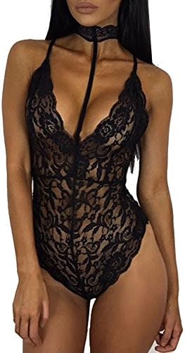 Millionriel Women Deep V Halter Lingerie Lace Babydoll Mini Bodysuit (S, Black)
