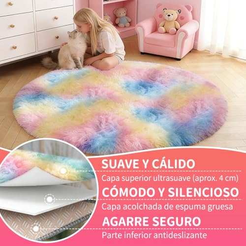 VOFUSHON Living Room Rug 150 cm Rainbow Rug Long Hair Washable Non-Slip Carpet for Bedroom