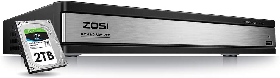 ZOSI 720p 16 Channel Security DVR Recorder, H.264 1080N Hybrid 4-in-1 TVI DVR System(Analog/AHD/TVI/CVI),Motion Detection,Mobile Remote Control,Email Alarm,2TB Hard Drive Included