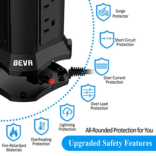 BEVA Power Strip Tower Surge Protector Flat Plug Desktop Charging Station with 9 AC Outlets 4 USB Ports Switch Control… - Image 3