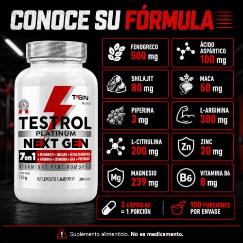 Testrol Platinum Next Gen 7 En 1 para Hombres | Shilajit, Fenogreco, Ácido Aspártico, Maca, Arginina, Citrulina y ZMA | (200 caps)