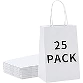 BAG BOX 25 Pack 8.25x4.3x10.6 Inch White Gift Bags with Handles,Bulk Kraft Paper Bags for Shopping, Retail, Merchandise, Wedding, Party Favors, Paper Grocery Sacks