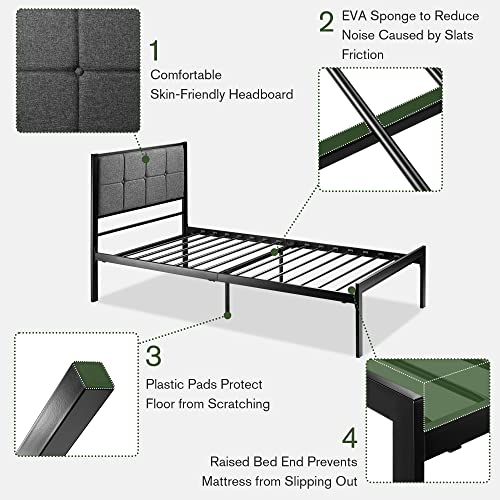 IMUsee Twin Size Bed Frame with Upholstered Button Tufted Headboard, Heavy Duty Platform Bed