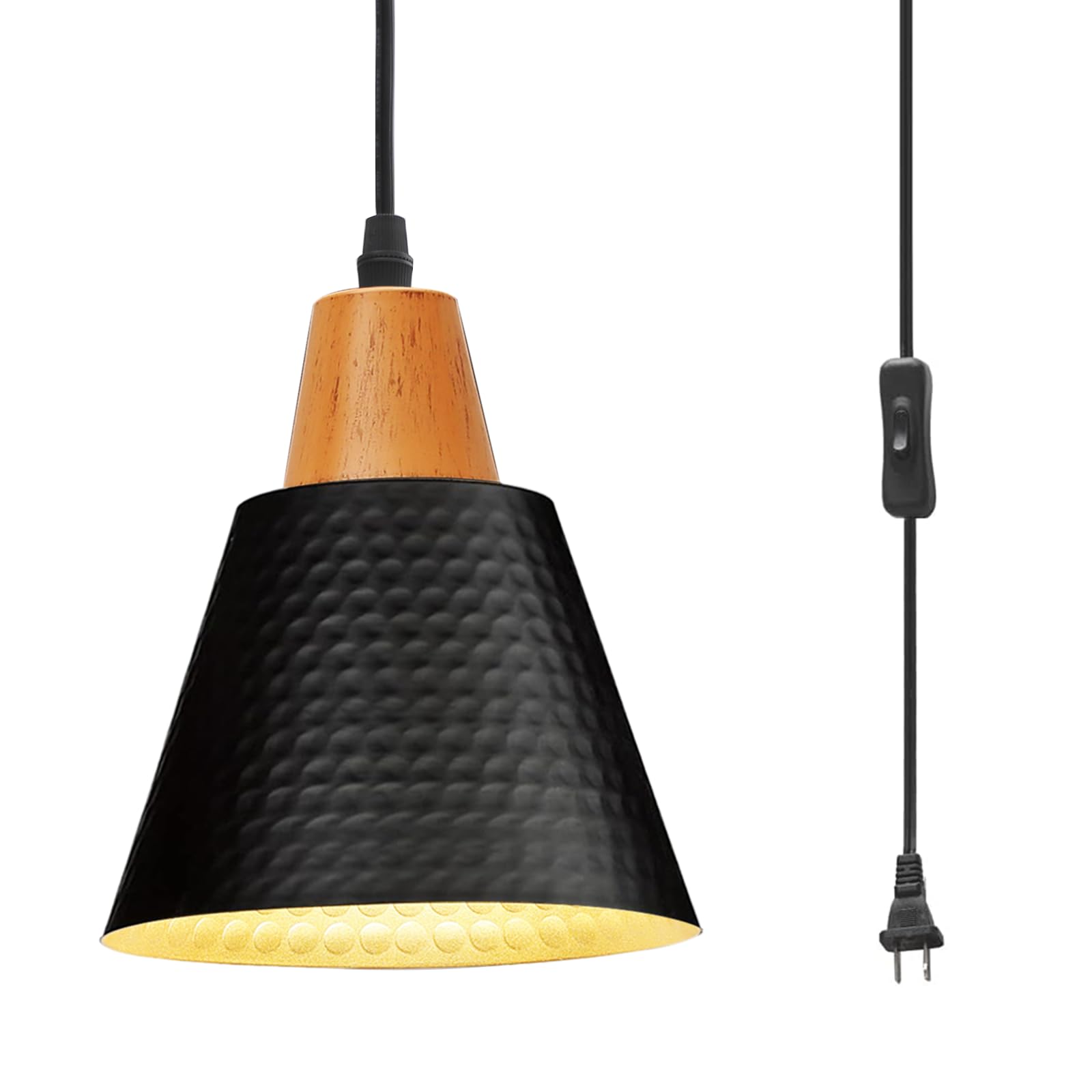 Photo 1 of Modern Plug in Pendant Light Hanging Light Fixture with 14.7ft Long Cord On/Off Switch,Outdoor Swag Light,Black Metal and Wood Grain Paint