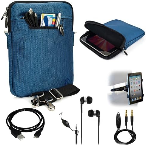 BLUE Mighty Nylon Jacket Slim Compact Protective Sleeve Shoulder Bag Case with accessories For LG Optimus Pad Android Tablet Computer + Includes a eBigValue (TM) Determination Hand Strap + Includes a Black Micro USB Data Sync Cable + Auxilary Cable ( AUX Connectivity ) + Adjustable HeadRest Car Mount Kit + Noice Reducer MP3 Handsfree Earbuds Earphones with Mic