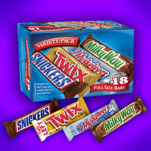 SNICKERS, TWIX, MILKY WAY & 3 MUSKETEERS INDIVIDUALLY WRAPPED VARIETY PACK FULL SIZE MILK CHOCOLATE CANDY BARS BULK ASSORTMENT, 33.31 OZ, 18 BARS