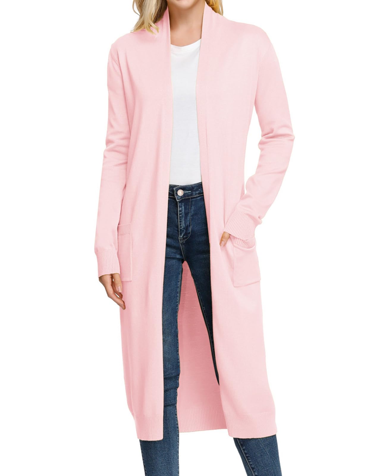 GRACE KARIN Womens Plus Size Long Sleeve Cardigan Long Duster Cardigan Open Front(2XL,Baby Pink) Image
