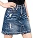 ililily Woman Vintage Distressed Washed Cotton Denim H-line Mini Skirt, Indigo, US-Large