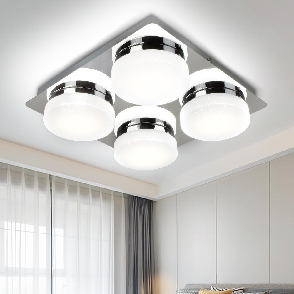 PADMA 4 Way Kitchen Ceiling Lights Chrome Finish Square Spot Lights 20W 6000K Cool White Large Flush Ceiling Lighting for Bedroom Living Room Star Effect for Kids Kitchen Lounge
