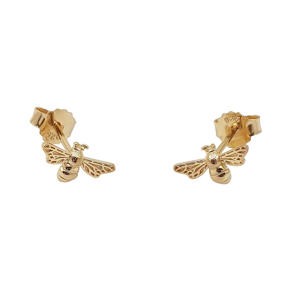 Kiara Jewellery Sterling Silver Yellow Gold Plated Flying Bumble Bee Hypoallergenic Stud Earrings.