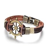 JewelryWe Retro Handmade Anchor Rudder Leather Bracelet, Mens Tribal Rope Cuff Wrap Bangle Wristband Birthday Gift (with Gift Bag)