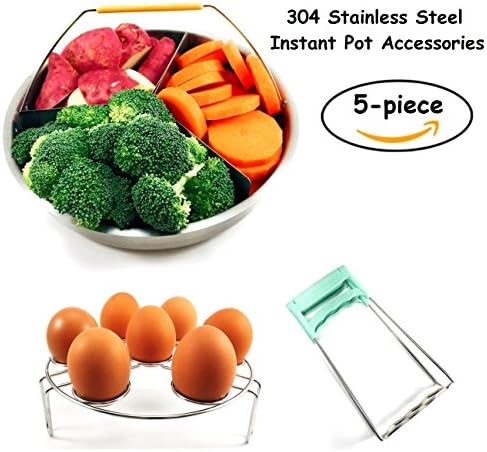 Steamer Basket Set For Instant Pot Accessories 6 8 qt: Vegetable Steamer Basket w/FDA Silicone Handle &amp; Dividers | Egg Rack Trivet | Bowl Plate Clip Clamp | Stainless Steel Instant Pot Accessory Set