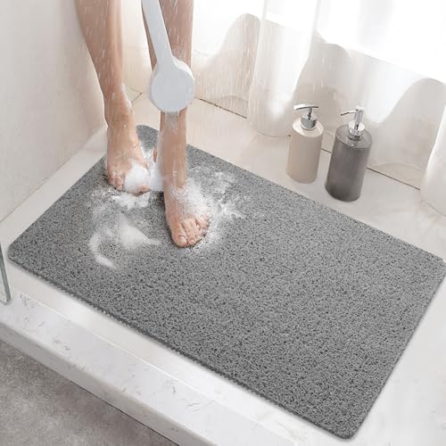 HITSLAM Non Slip Bathtub Mat 16 x 24 Inch, Extra Long Bath Mat for Tub, Soft PVC Loofah Shower Floor Mat with Drain, Quick Drying Bathroom Tub Mat for Wet Area, Without Suction Cup, Grey