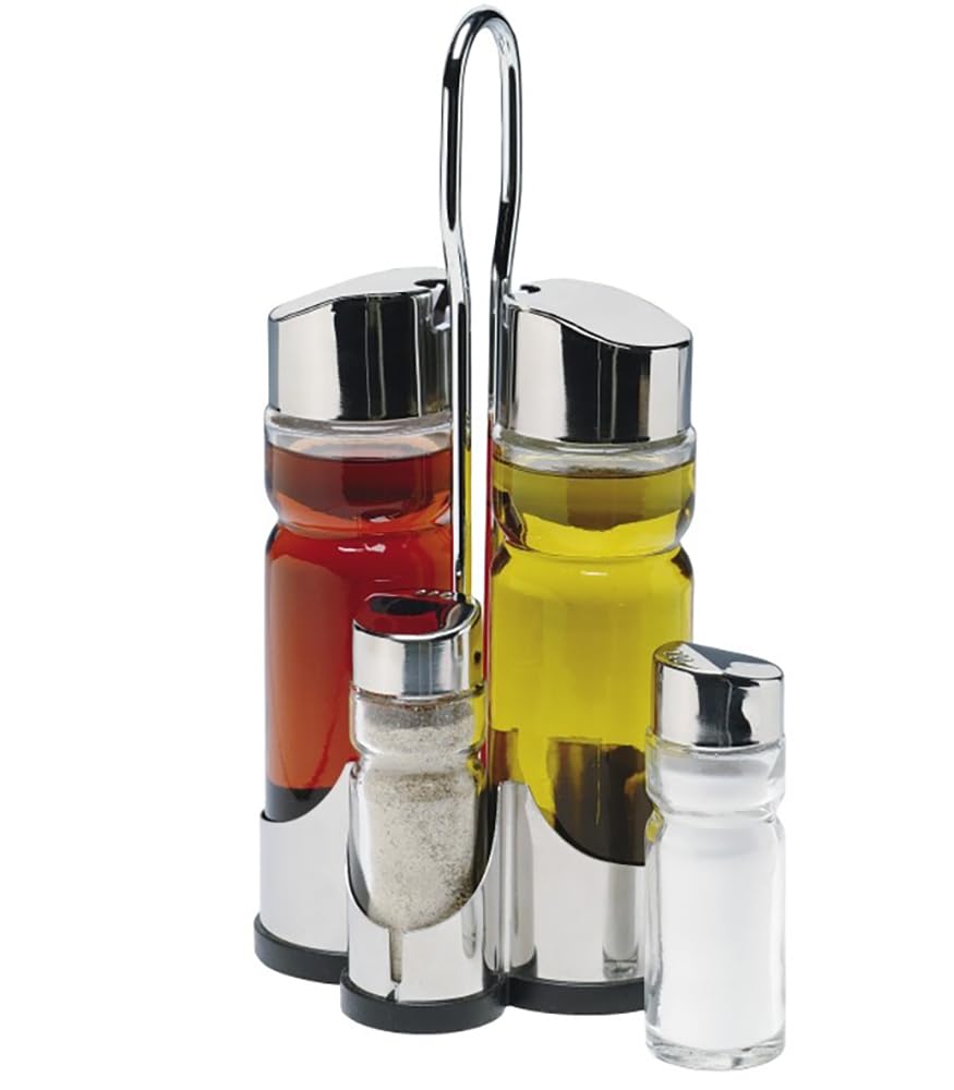 LS Kitchen - Glass Oil and Vinegar Set - Cruet Set Salt and Pepper Shakers & Oil and Vinegar Bottles - Cruet Set and Stand - 4 Pieces