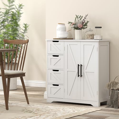 HOMCOM Bathroom Floor Cabinet, Farmhouse Bathroom Storage Cabinet with Barn Doors and Adjustable Shelf, White