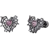 20g Black Web Pink Heart CZ Screw Flat Back Small Stud Earrings for Women Unique Cute 316L Titanium Stainless Steel Animal Cartilage Tragus Tiny Little Piercing Studs Hypoallergenic Fashion Jewelry Halloween Party Gift