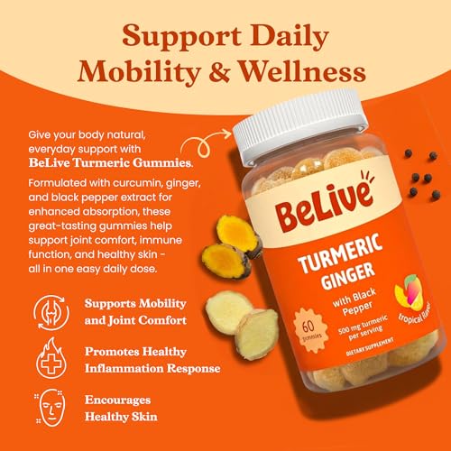BeLive Turmeric and Ginger Gummies - 500mg - Joint and Mobility Support Supplement - Curcumin with Black Pepper for Enhanced Absorption - Gluten Free and Vegan - Tropical Flavor - 60 Count