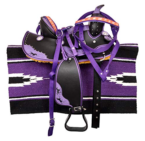 HR, International Youth Child Synthetic Western Pony Miniature Horse Saddle Tack Get Matching Headstall, Breast Collar & Saddle Pad Size 13″ Inches Seat