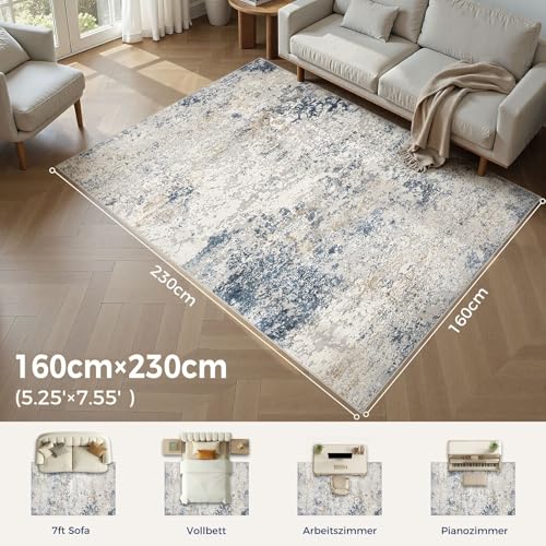 DMOYEST Rugs Living Room Washable - Area Rugs for Bedroom Large Abstract Neutral Modern Rug Soft Non Slip Low Pile 160 x 230 - Beige Blue