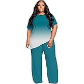 Tycorwd Women's Plus Size Two Piece Outfits Sweatsuits Sets Casual Short Sleeve Tops Baggy Wide Leg Pants Tracksuit Sets Green Gradual 1XL