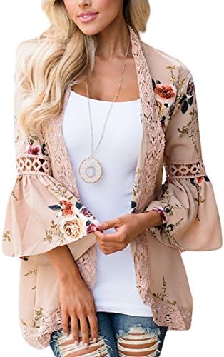 EIFFTER Women Boho Bell Sleeve Hollow Out Lace Floral Print Short Cardigan Casual Fall Kimono (Small, Khaki)