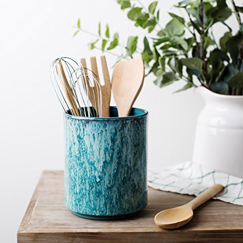 Ceramic Utensil Crock Utensil Holder, (Blue)