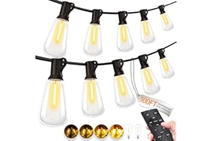 Outdoor String Lights with Remote Control - 100FT ST38 LED Patio String Lights E12 Shatterproof Bulbs Warm White Waterproof B