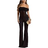 OYOANGLE Women's Off the Shoulder Sheer Jumpsuits Flared Leg Long Pants Romper Party Going Out Outfits