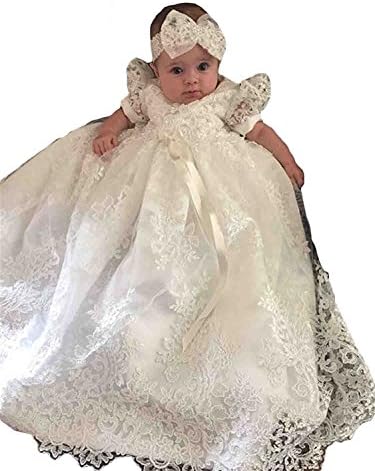 AMG department Baby Girls Bowknot White and Ivory Christening Gowns Long (6-9 Months, White)