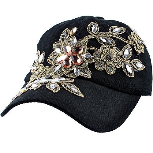 Elonmo Bling hat, Womens Cute Lace Flowers Baseball Cap with Jewel Rhinestone Bling Hats Jeans Wash Denim Snapback (Black)