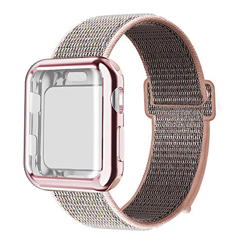 QIENGO Compatible with Apple Watch Band with Case 38MM, Soft Nylon Strap with Silicone Screen Protector, Replacement for iWatch Sport Series 3/2 / 1 (Pinksand, 38mm)