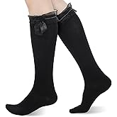 Sorcristy Cotton Black Knee High Socks with Bow for Women Girls, Frilly Knee High Socks Girls Bow Sock, Black Ruffle Lolita Sock for Daily Wear School Dating Dance