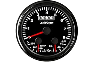 ELING 85mm 3-in-1 Multi-Functional Tachometer 8000RPM Water Temperature Oil Pressure Gauge 0-80Psi 100-250℉ with Red Backligh