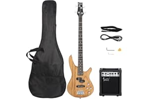 GLARRY GIB Series 4 String Electric Bass Guitar Beginner Kit Full Size with 20W AMP, Strap, Bag and Accessories (Burlywood)