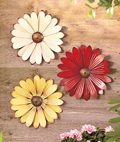 Set of 3 Cream Red Yellow Metal Flower Wall Art Garden Whimsical Spring Flowerpot Decor