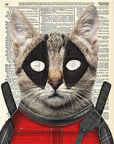Deadpool Cat - X-Men Avengers Justice League Superhero Kids Bedroom Wall Decor - Vintage Wall Art Upcycled Dictionary Art Print Poster For Kids Room Decor 8x10 inches, Unframed - Thumbnail 2