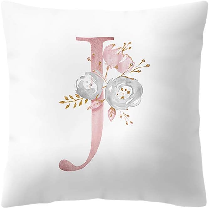 Cushion Cover 45cm x 45cm/18x18 Inches - Pillow Cases Square Letter Alphabet Flower Print Sofa Waist Chair Home Office Bar Car Decor Decorative Throw Pillowcase Protectors With Zipper White Amaone (J)