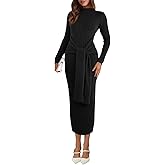 Saodimallsu Womens Long Sleeve Midi Sweater Dress Bodycon Mock Neck Ribbed Knit Tie Waist Fall Long Dresses