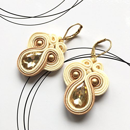 Wedding soutache earrings, cream vanilla earrings, small size elegant earrings with glass crystals