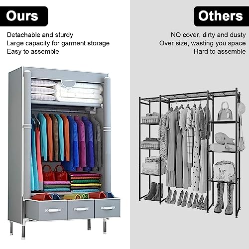 Gluckluz Fabric Wardrobe Clothes Storage Closet with Three Drawer Zipper Foldable Non-Woven Cover Hanging Rod Freestanding Canvas Garment Organizer Rack for Bedroom Home