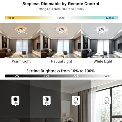 Dorlink LED Ceiling Lights, Modern Dimmable Light with Remote Control, Elegant Curved Design Chandelier 4 Built-in Boards, 28W 2350LM Silver Chrome Lighting for Living Room, Bedroom