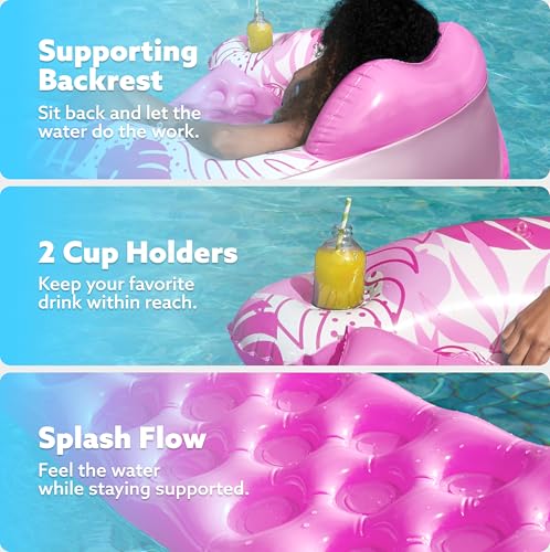 SLOOSH Pool Floats with Canopy Adult,XL Inflatable Pool Lounge Chairs with Cup Holders,Floating Chair for Adults,Inflatable Floaties with Headrest for Party Beach Summer Water Fun,Pink