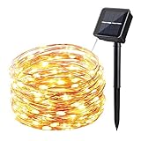 Icicle SUPER BRIGHT Solar String Lights, 26ft 120 LED Waterproof Fairy Copper Wire Lights for Christmas, Patio, Lawn, Garden, Wedding, Party and Holiday Decorations (Warm white)