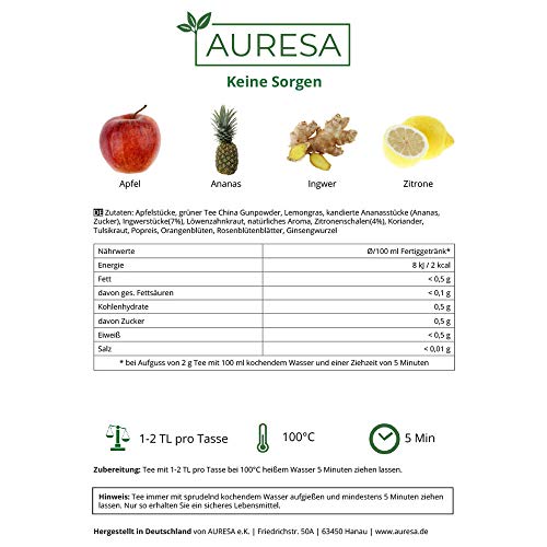 AURESA Kräutertee Keine Sorgen im Glas | Grüntee Grunpowder - 90g | Wiederverwendbare Glasflasche mit Korkverschluss – Bild 5