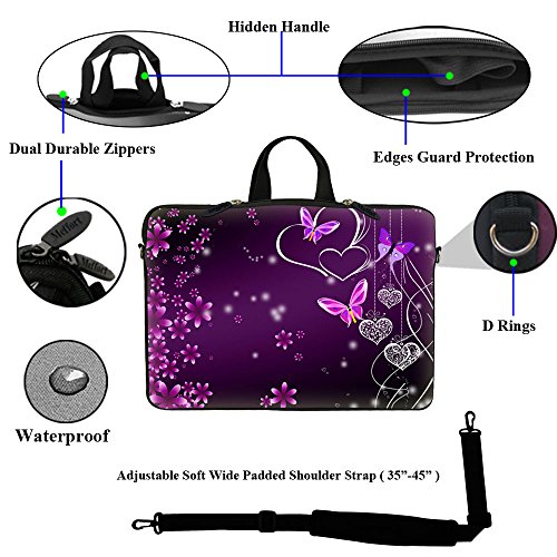 Meffort Inc 14 14.1 Inch Neoprene Laptop Sleeve Bag Carrying Case with Hidden Handle and Adjustable Shoulder Strap (Purple Flower Heart Butterfly)