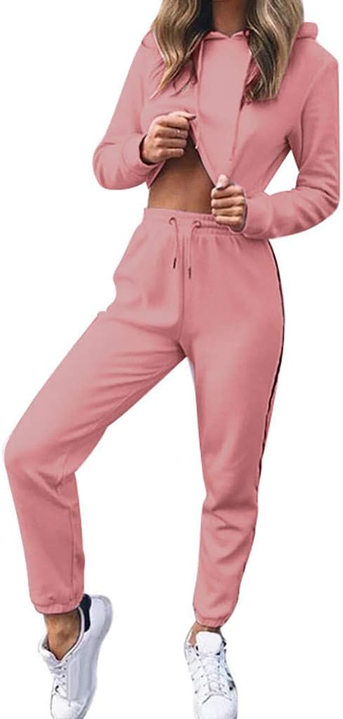 Women Casual Long Sleeve Hoodie Crop Top Drawstring Sweatpants Two Piece Sport Tracksuit Outfits Set