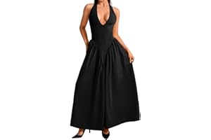 ChiaoLezhee Deep V Neck Dress, Halter Maxi Dresses, Vacation Date Night, Sexy for Women Corset Flowy Wedding Guest Drop Waist