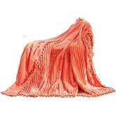 DISSA Fleece Blanket Throw Size – 51x63, Coral – Soft, Plush, Fluffy, Fuzzy, Warm, Cozy – Perfect Throw for Couch, Bed, Sofa - with Pompom Fringe - Flannel Blanket Throw Blanket