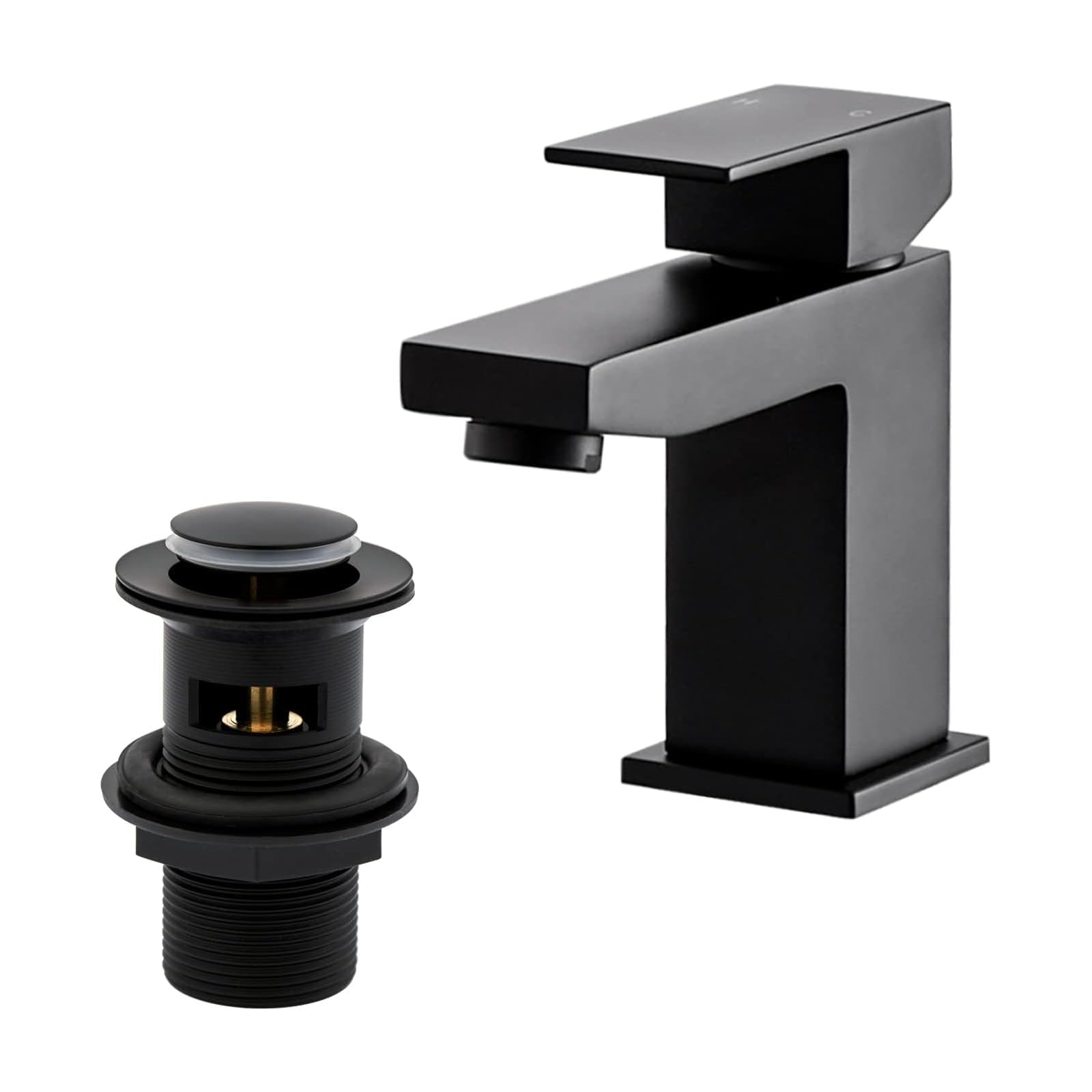 BATHWEST Square Black Basin Mixer Tap with Drain, Brass Bathroom Sink Tap with Pop-Up Waste, Matte Finish Monobloc Ceramic Cartridge Five-Layer Shielding with Sink Plug 492MBK — image 1