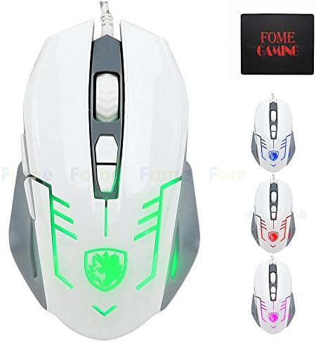 USB Wired Gaming Mouse, New Version, FOME GAMING Cataclysm USB PC Gaming Mouse Mice 500/1000/1750/2500 DPI Omron Micro Switches 6 Buttons with 4 Color LED Light (White)+ FOME GAMING Mouse Pad